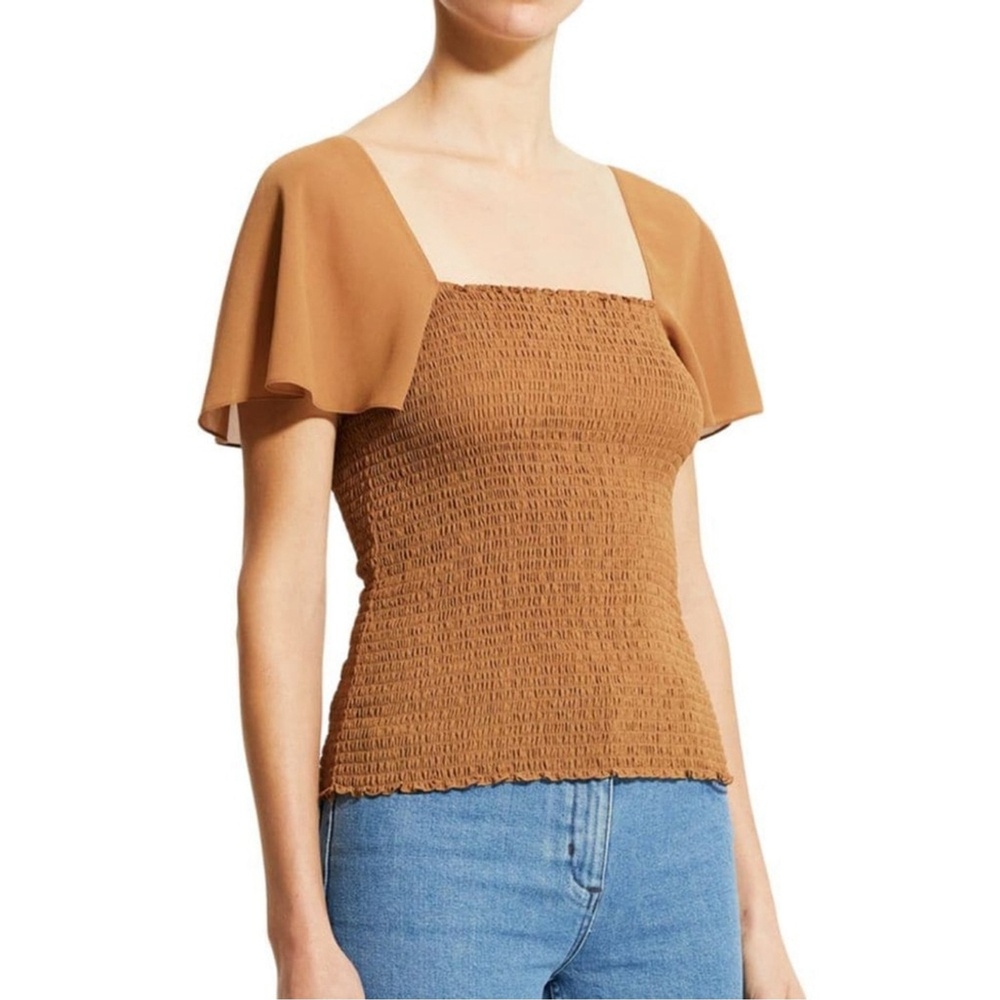 Theory Smocked Flutter Sleeve Blouse, Bronze